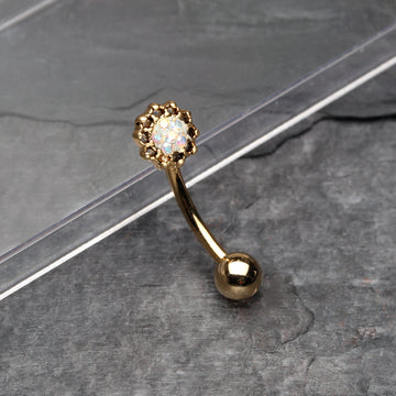 Detail View 1 of Golden Sacred Lotus Multi-Gem Sparkle Curved Barbell Ring-Aurora Borealis